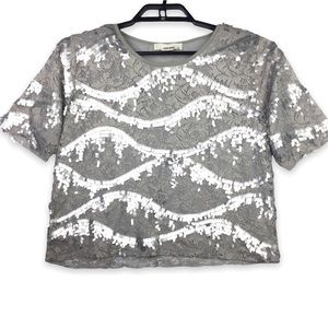 Sans Souci Sequin Blouse Floral Lace Shiny Wavy Gray & Silver Women’s Medium